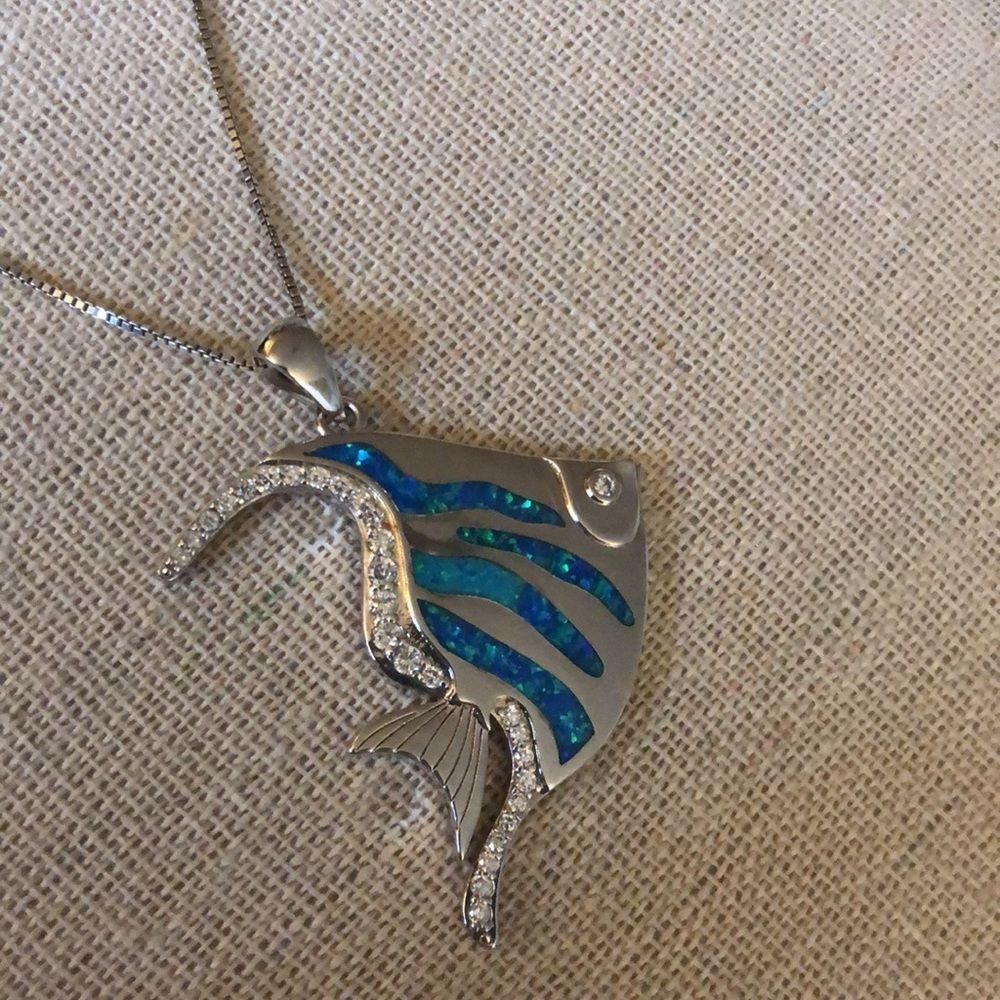 Beautiful 925 Silver, Hawaiian Blue Opal CZ Accent Angelfish Pendant and Chain